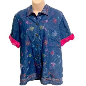 COUNTRY WEAR Vintage Denim Beaded Short Sleeve Shacket Pink Floral Large Petite